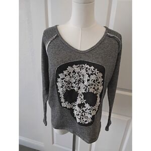 I-ner Women's Gray Skull Floral Embroidered Lace Back Long Sleeve Sweater Top L